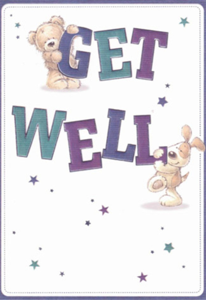 A testament to Sydenham's caring community, this vibrant get well card depicts a moment of gentle connection. Centered on an inviting white background, a friendly bear and a spirited puppy exchange heartfelt wishes, their playful energy mirrored in the scattering of sparkling stars rendered in lively purples and aquas. The typography, both bold and comforting, anchors the scene with the words 'Get Well'-their hues standing out in joyful contrast, much like a fresh bouquet brightening a Beckenham Hill windowsill. Textures and details abound: the bear's plush fur and the puppy's velvety ears are so vividly drawn that their softness is almost palpable. There's a tactile sense to the artwork, echoing the improvisational touches of a florist carefully selecting every stem and bloom for a bespoke arrangement. The mood is airy and uplifting, suffused with a gentle reassurance that feels as nourishing as an act of kindness delivered to a neighbour's doorstep. This card, whether paired with fragrant lilies or cheerful daisies from Sydenham Florist, is a visual celebration of hope, perfect for elevating the spirits of those recovering nearby.